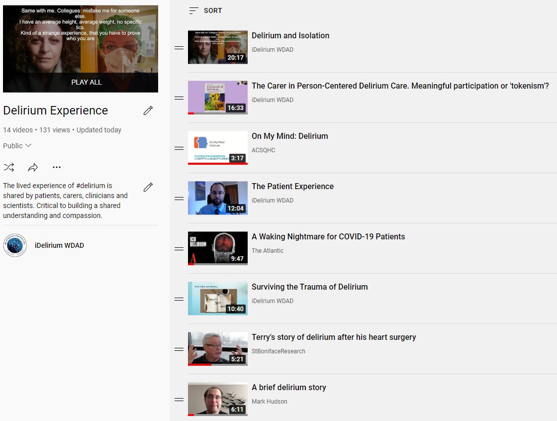 Have you watched the <a href="/iDelirium_Aware/">iDelirium</a> YouTube Playlist on the Patient Experience of #delirium? 

Watch now: bit.ly/WDADexperience

Great content that helps to build shared knowledge from <a href="/RehabLegendLou/">Lou Gallie</a> <a href="/MarkThomHudson/">(っ◔◡◔)っ ♥ Mark Hudson ♥ (He/Him)</a> <a href="/klmayarn/">Kerri Maya</a> <a href="/dr_shibley/">Shibley</a>