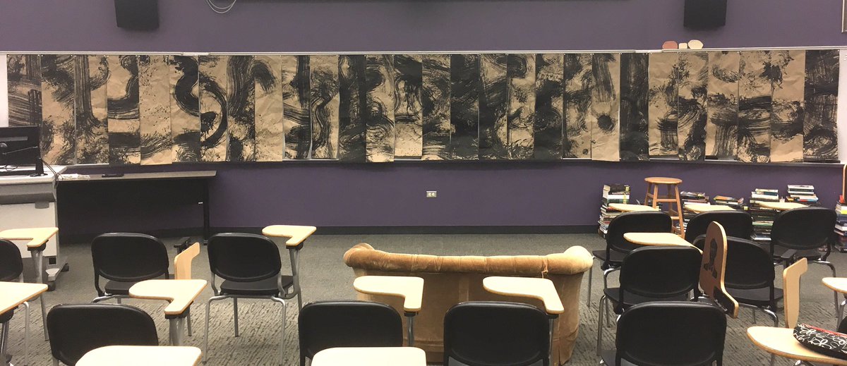 botts_jeremy's tweet photo. I cut my big mop painted scroll into 32 smaller scrolls and gave each of our students one to transform into their own ‘book.’ #artistbook #scroll #asemicwriting #calligraphy #technotext #artatwheaton #mywheaton #psalm #tehillim @WheatonCollege https://t.co/YzCaDYzbcA