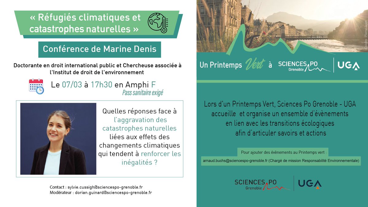 🌍Le 7 mars prochain, Sciences Po Grenoble - UGA accueillera Marine Denis, doctorante en droit international public à l’Université Sorbonne Paris Cité, pour tenir sa conférence : Réfugiés climatiques et catastrophes naturelles. Pour + d'informations : sciencespo-grenoble.fr/un-printemps-v…