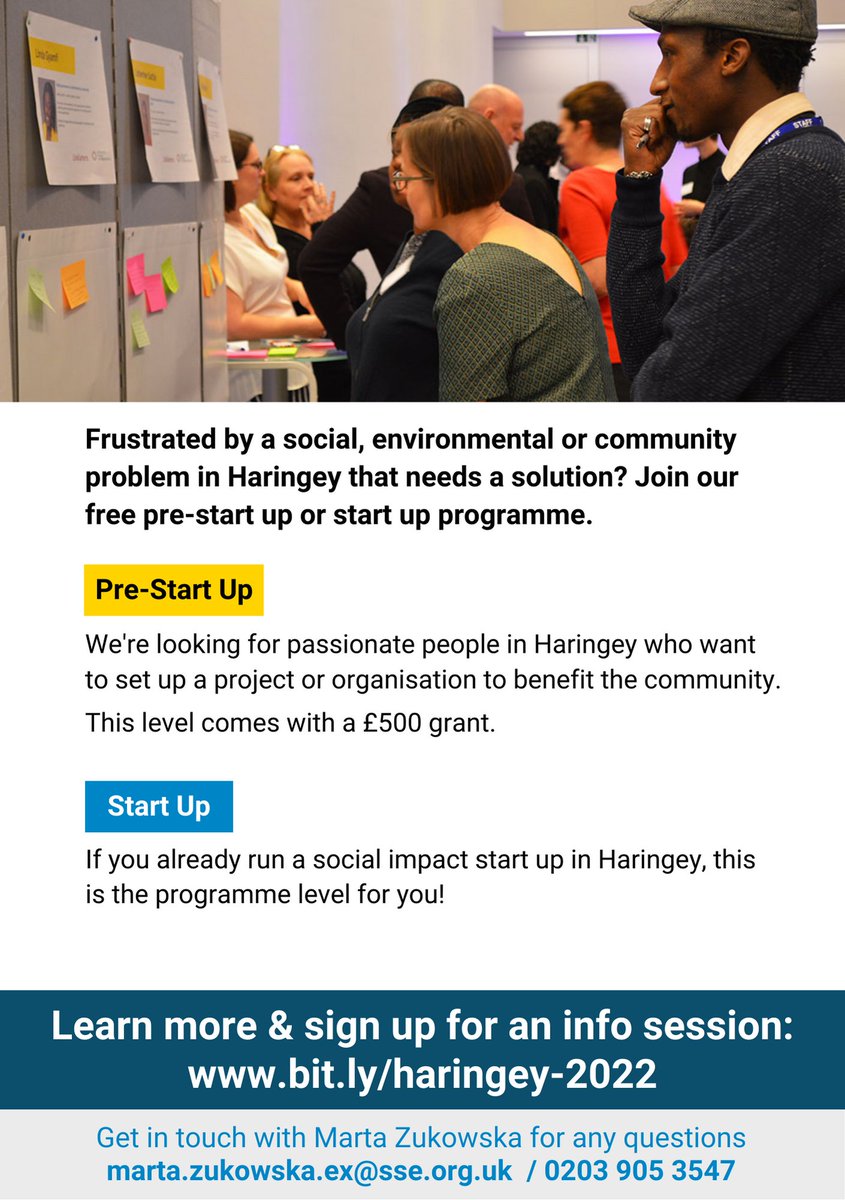 MartuskaZuk's tweet image. @SchSocEnt
Running a #StartUp project or org with social impact in #Haringey? Want some extra support to create the impact you’re aiming for? 
We can help! Apply by 5pm, Thurs 10th March &amp;gt; the-sse.org/courses/future… #CommunityEmpowerment #NorthLondon
