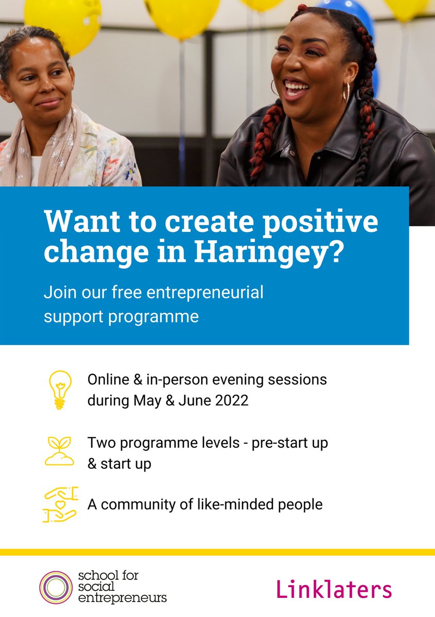 MartuskaZuk's tweet image. @SchSocEnt
Running a #StartUp project or org with social impact in #Haringey? Want some extra support to create the impact you’re aiming for? 
We can help! Apply by 5pm, Thurs 10th March &amp;gt; the-sse.org/courses/future… #CommunityEmpowerment #NorthLondon