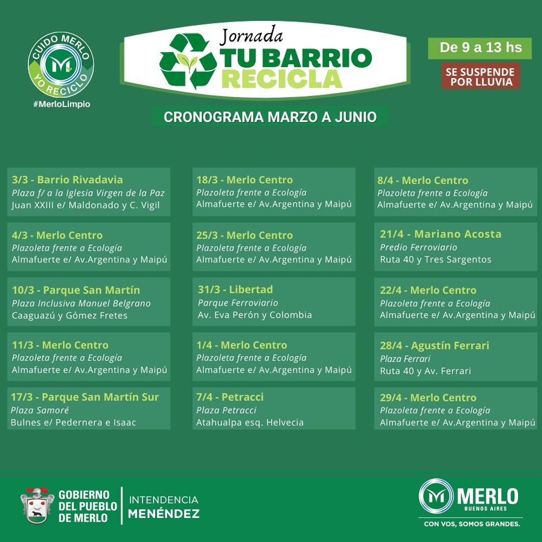 MerloGob's tweet photo. Desde el programa #MerloLimpio de la Secretaría de Delegaciones llegan las jornadas de #TuBarrioRecicla
✅Participá llevando tus reciclables separados, limpios y secos e intercambialos por un plantín o una bolsa de tierra fértil. 
ℹ️ https://t.co/WOgXLM9Z0I https://t.co/piXzVBfZC7