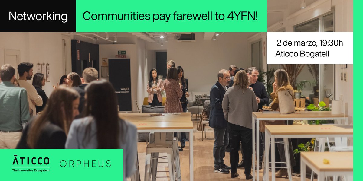 En unas horas despediremos el #4YFN22 en Aticco Bogatell.👋Nuestros partners in crime para hoy son <a href="/orpheus_es/">Orpheus</a>, <a href="/HeuraFoods/">Heura Foods</a>, Born Rosé, <a href="/MahouSanMiguel/">Mahou San Miguel</a>, <a href="/latafanera/">LaTafanera.cat</a> y <a href="/elbandarra/">El Bandarra</a>. ¡Os esperamos a las 19:30h.!

Consigue tu entrada: bit.ly/3HvJUqx