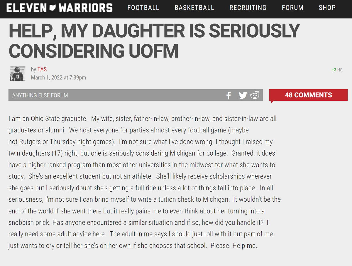 BoardGeniuses's tweet photo. ๐จURGENT!๐จ
Please help this #OhioState fan save his daughter from going to #Michigan and becoming a 'snobbish prick.' https://t.co/Hd23WJe9C4
