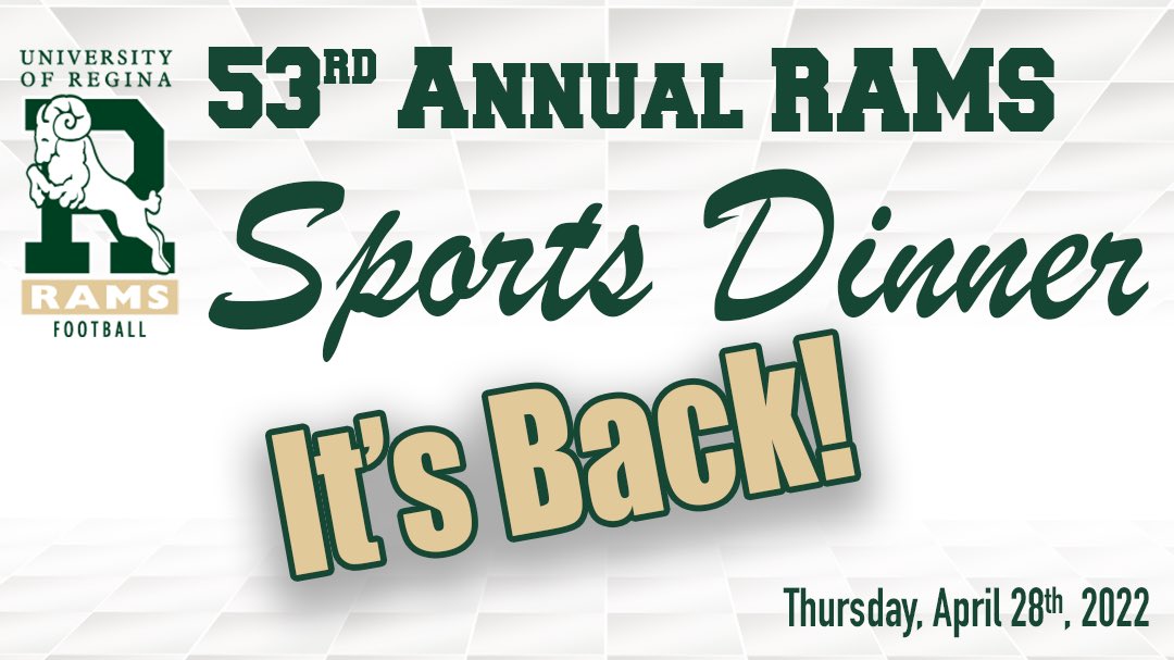 IT’S BACK!! The 53rd Annual Rams Sports Dinner will be on Thursday April 28th, 2022.

Stay tuned for all the details on Friday!! 

#universityfootball #studentathletes #reginarams #reginafootball #sportsdinner #fundraiser #reginaevents #yqr