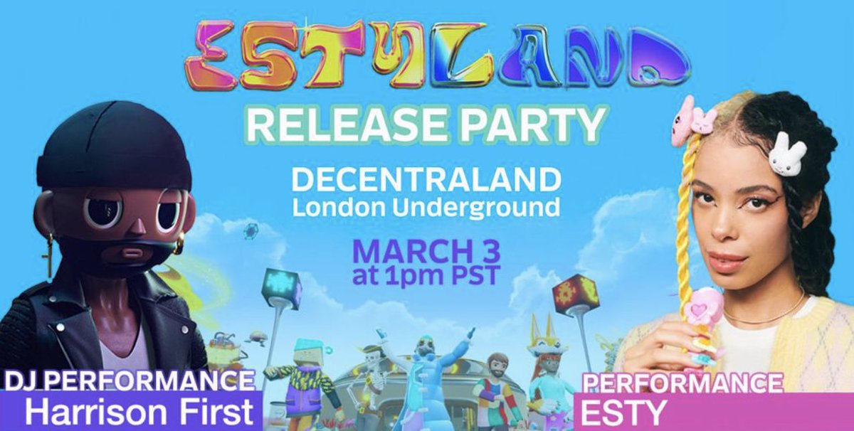 DigginNFT's tweet photo. 🌈 @goodgalesty 'ESTYLAND' Release Party @decentraland London Underground
🐇 Virtual performance by #Esty + @harrisonfirst
🐇 Get @poapxyz
🐇 March 3, 1pm PST
👀 https://t.co/3xZISGav9s
#metaverse #musicNFT #HarrisonFirst #NFT #music https://t.co/TjgCx5HnsQ