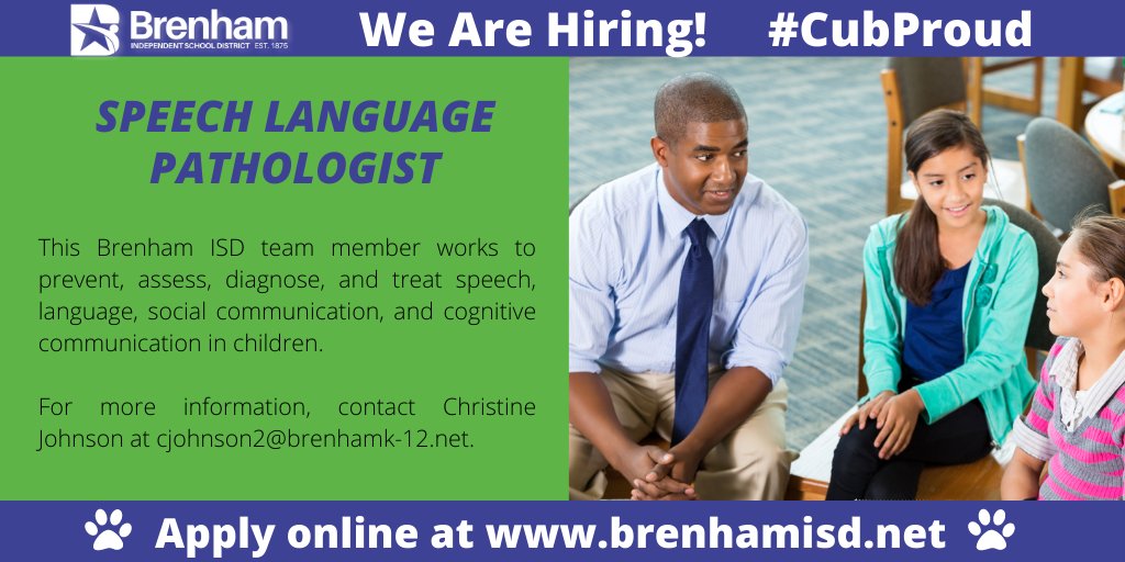BrenhamISDHR's tweet image. Job Opportunity: Speech Language Pathologist
Visit brenhamisd.net to find out more about this position and to submit an online application! @BrenhamISD #ExcellenceforALL #IChooseBrenham