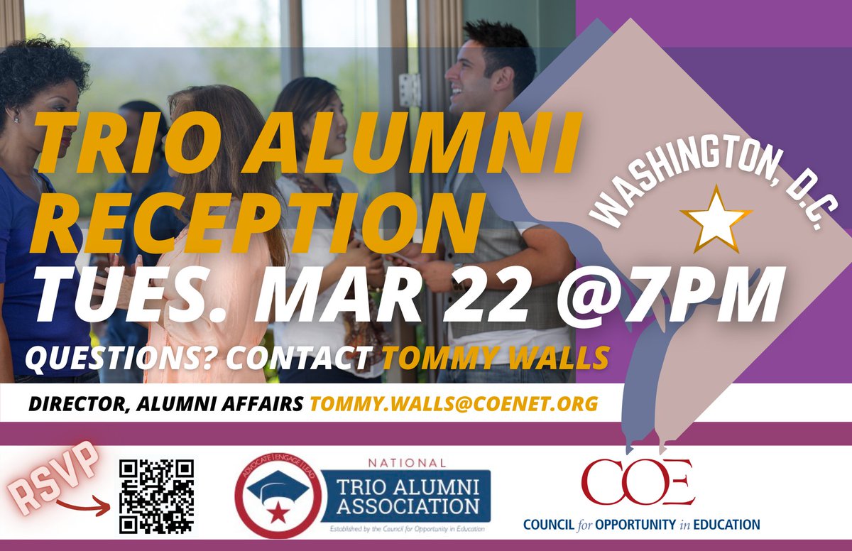 If you are in the DMV region and a #TRIO alum we need your participation. Join us for the TRIO Alumni Reception in DC Tuesday, March 22 at the Hyatt Regency on Capitol Hill! RSVP here: lnkd.in/eZ3_BFvT
See you there!
#TRIOworks #TRIOAlumni