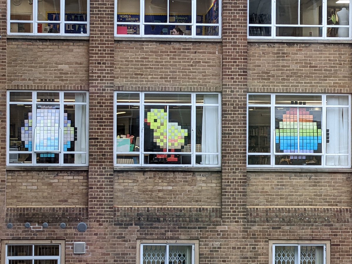 Library_EHS's tweet photo. New month, new window display - Easter Edition! #librarydisplay #library #pixelart #windowdisplay https://t.co/m5JNfxwzrO