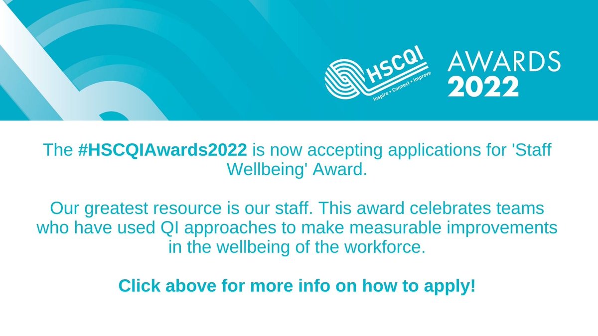 #HSCQIAwards2022 is now welcoming applications for the ‘Staff Wellbeing’ Award. More info via >>>bit.ly/3BZTUHp
 <a href="/BelfastTrust/">Belfast Trust</a> <a href="/NHSCTrust/">Northern Trust</a> <a href="/WesternHSCTrust/">Western Trust</a> <a href="/SouthernHSCT/">Southern Trust</a> <a href="/setrust/">South Eastern Trust</a> <a href="/NIAS999/">NIAS</a> <a href="/publichealthni/">Public Health Agency</a>