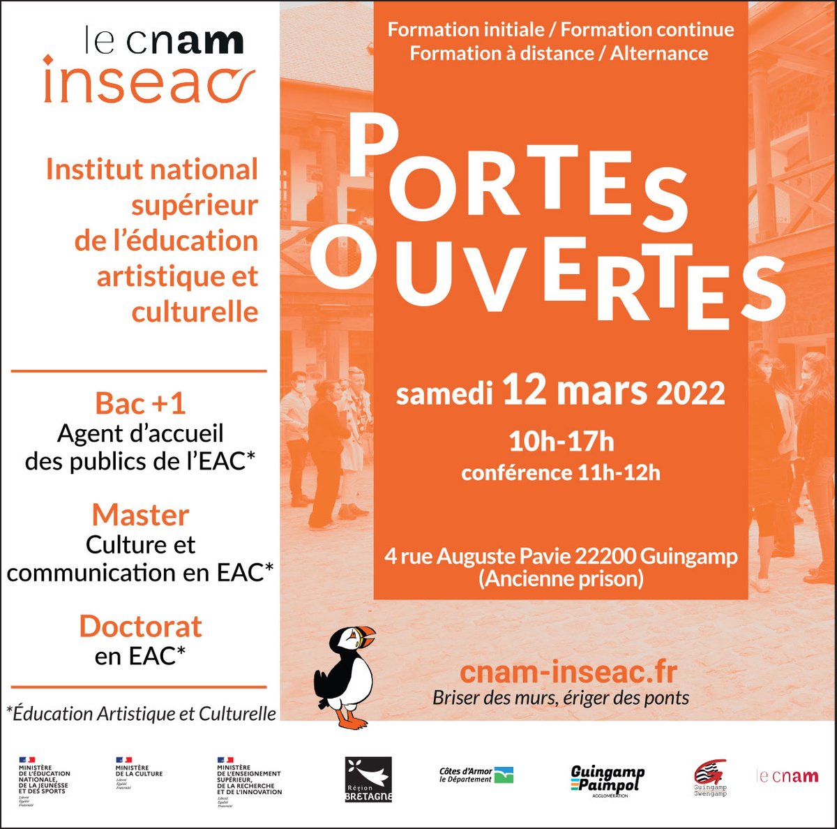 <a href="/LeCnam_Inseac/">Le Cnam #InsEAC</a> organise ses 1ères Portes Ouvertes : rdv samedi 12 mars 2022 de 10h à 17h dans l'ancienne prison <a href="/Ville_Guingamp/">Ville de Guingamp</a> pour découvrir formations et métiers de l'#EAC ! #JPO >>> Plus d'informations sur cnam-inseac.fr/actualites/l-i…
