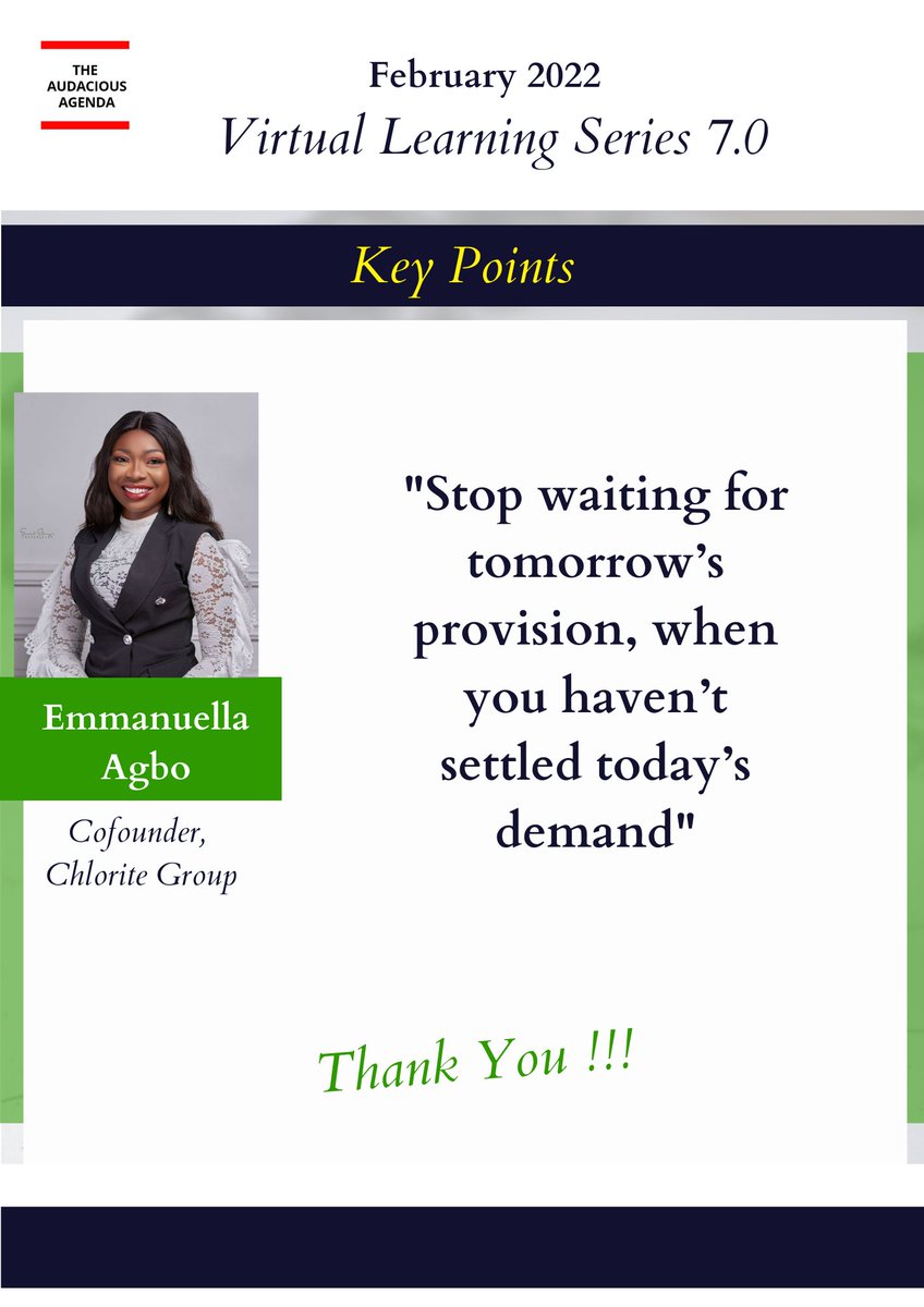 theAAgenda's tweet photo. Amazing Insights from AAYN Virtual Learning Series 7.0!!!
Our facilitator, Emmanuella Agbo shared great key points on "Power of the First Move". The session was really insightful! ⚡⚡⚡
Watch out for more updates!
#10XtheVision
#TheAudaciousAgenda
#VirtualLearningSeries https://t.co/Lpfx7yGBeN