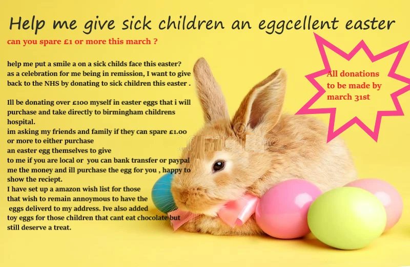 evilsmaid's tweet photo. Help me put a smile on a sick child's face this Easter.
I'll try and post donation links in bio for anyone wanting to make a donation.
#Easter #childrenshospital #charity  #donate #donation #foodbanks #kickedcancerbutt #EasterEgg #Chocolate https://t.co/iGXyRdS1u0