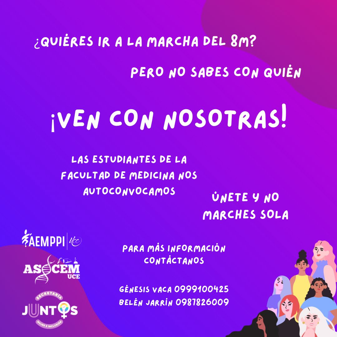 AsocemUce's tweet photo. #8M en Quito💜
Nos convocamos a la Marcha en conmemoración al Día Internacional de la Mujer.  

🩺Si eres estudiante de la salud, súmate a nuestra iniciativa. 

Si quieres ir, pero no sabes con quién, contáctanos. 

#8M2022 #8March2022 https://t.co/MrnKphXq8g