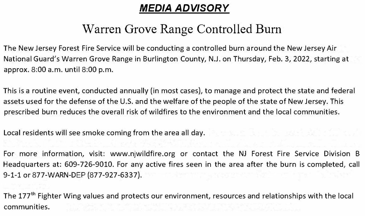 The New Jersey Forest Fire Service will be conducting a controlled burn at the NJ ANG's Warren Grove Range on Thursday, Mar. 3, 2022, starting at approximately 8:00 a.m.