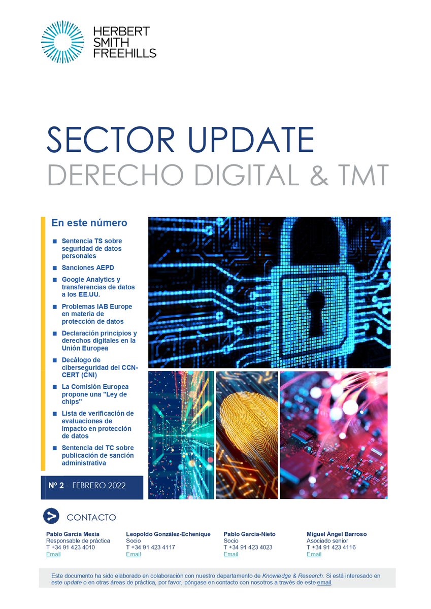 PabloGMexia's tweet photo. Nueva edición del update de derecho digital de #HerbertSmithFreehills. Podrás encontrar una recopilación de las principales novedades en el sector.
👉https://t.co/yQwgWJpm3W
#DatosPersonales #Sanciones #AEPD #Ciberseguridad #TransferenciaDeDatos #GoogleAnalytics #UE #LeyDeChips https://t.co/u6weOhe1NH