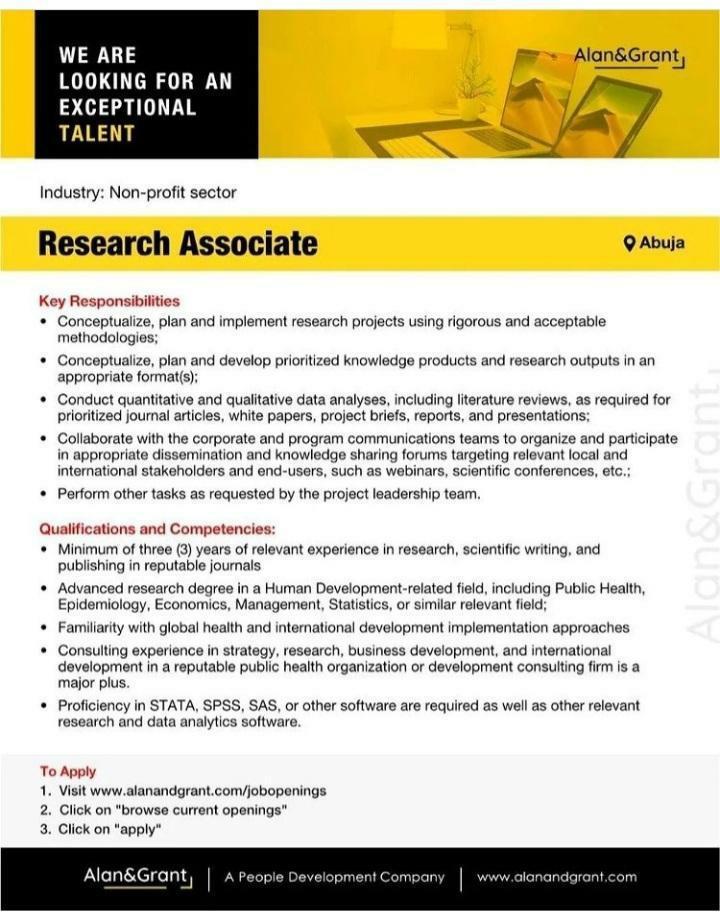 Vacancy exists @ Alan & Grant

Role: Research associate
Location: Abuja
Industry: nonprofit sector
 
To apply, go to alanandgrant.com/jobopenings

#lagosjobs #abujajobs
#vacancies #vacanciesinnigeria
#jobsinabuja  #qualifedcandidate