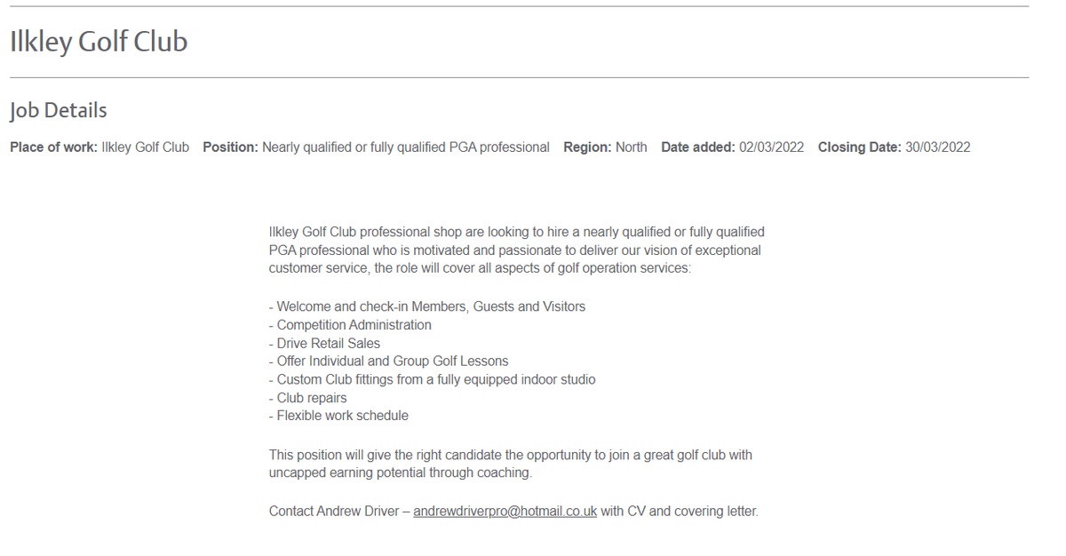 Job opportunity <a href="/IlkleyGolfClub/">Ilkley Golf Club</a> for a <a href="/ThePGA/">The PGA</a> Professional with Andrew Driver. Fantastic opportunity at a fabulous course in the Region.
Full details ⬇️⬇️⬇️