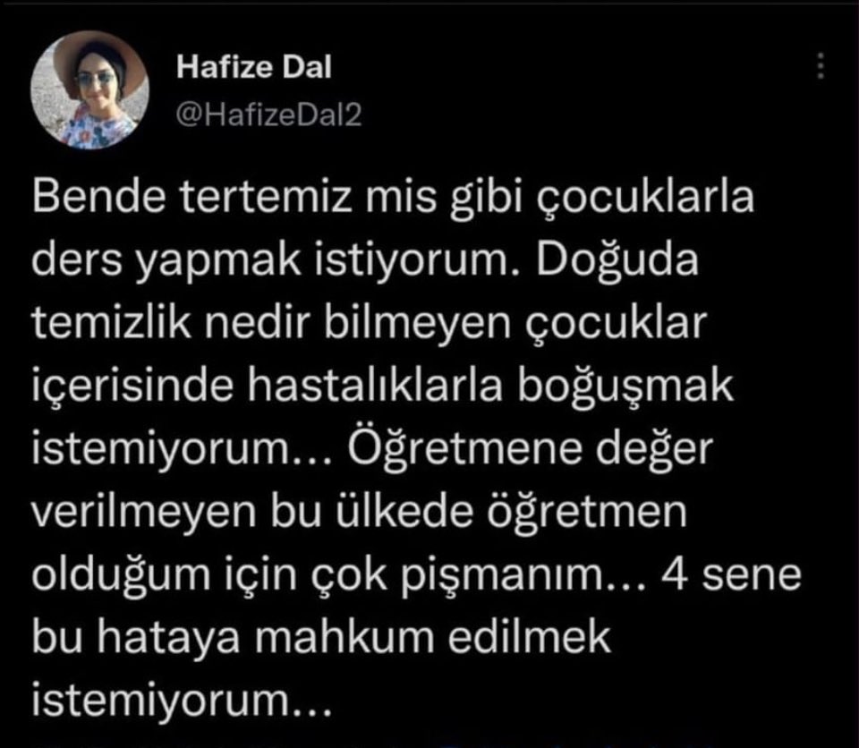Muş Bulanık’ta bir öğretmenin paylaştığı tweet. Senin gibi kokuşmuş zihniyet için fazla temiz o çocuklar