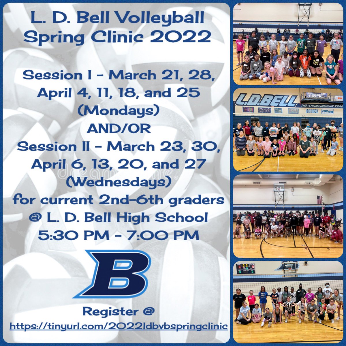 LDBellVball's tweet photo. Registration is OPEN for our L. D. Bell Blue Raider Spring Volleyball Clinic! Sign up @ https://t.co/xoDo1xJgze for your kiddo to be a part of all the fun! #futureblueraiders #fundaymonday #wonderfulwednesday #themostfun 💙🔔🏐 https://t.co/VPDkBQpWAu