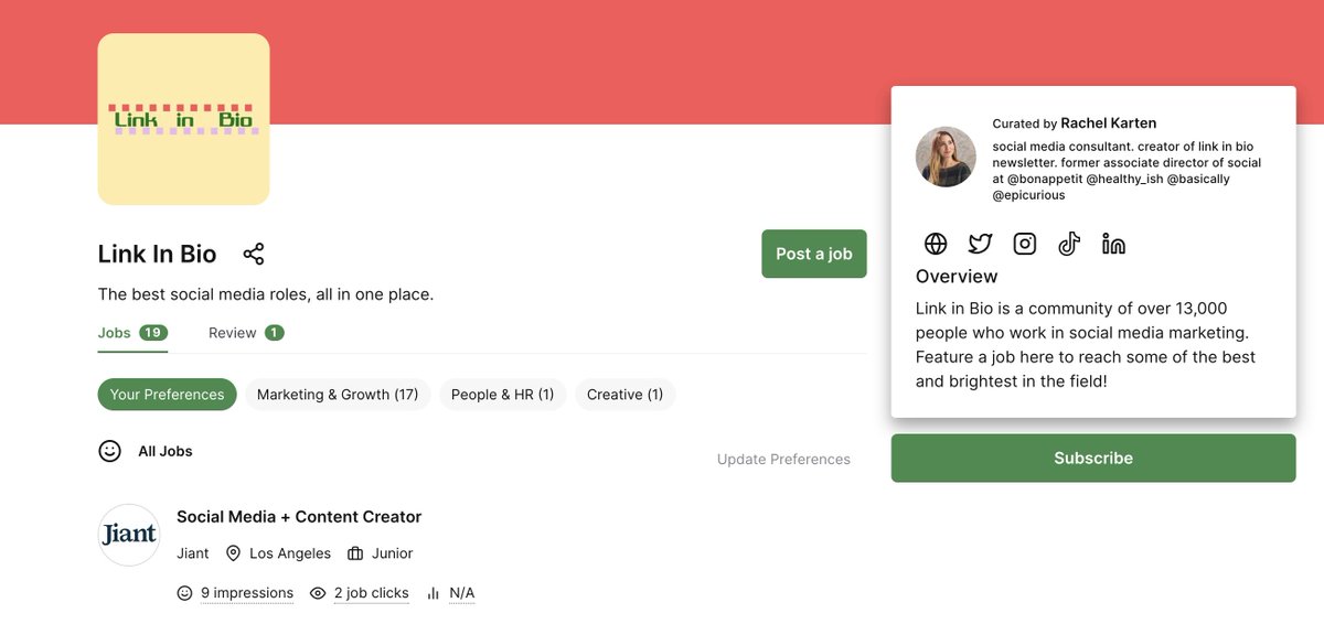 INTRODUCING THE LINK IN BIO JOB BOARD! It has all the best jobs in social media, in one handy place. Every week I will update it with new social media job listings from companies that I would be excited to work at. You can subscribe to it here: linkinbio.pallet.com/jobs.