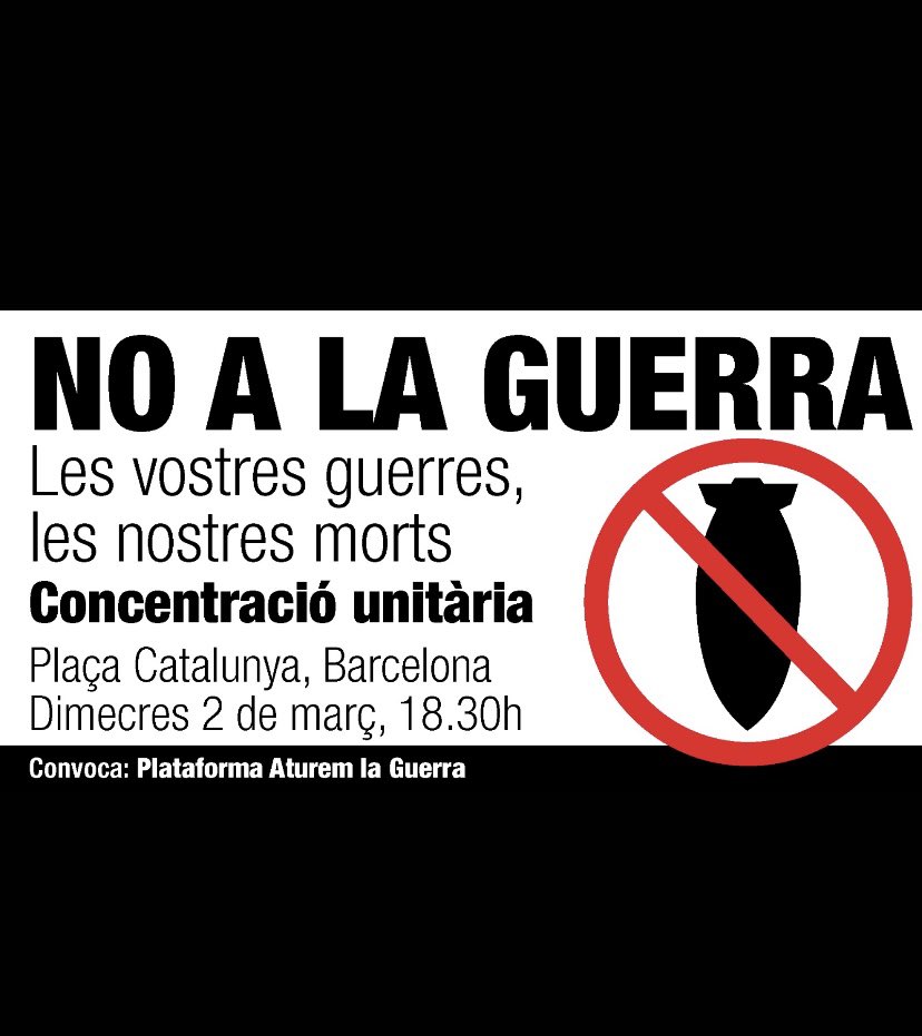 Aquesta tarda a Plaça Catalunya 18:30h concentració unitària #Noalaguerra
