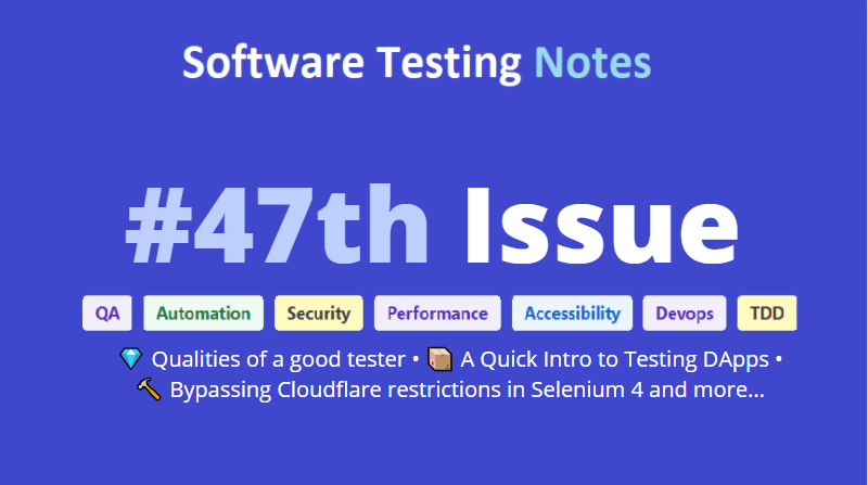 TheTestingKit's tweet photo. Hello everyone! 🙌

The 47th issue on #SoftwareTesting is out.
👉 https://t.co/uB0bffjAAe

Great articles by @maaretp, @dnlkntt, @rhian_is, @Davidtzhmach, @dwwhalen, @mshilman, @mszeles, @QAInsights, @AysSomething, @A11y_Ady,  @TomFernBlog, @nathankrishnan

#QA #testing https://t.co/rlgiKRkSUT