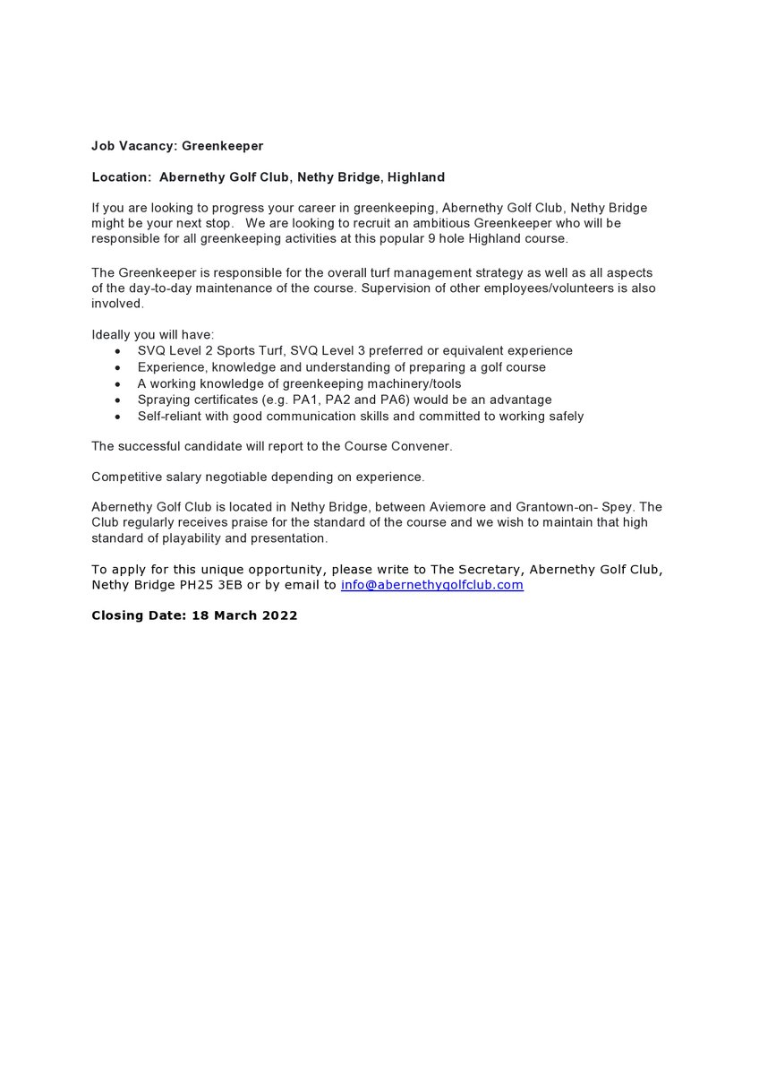 ⛳️⛳️⛳️We have an exciting opportunity for a greenkeeper to join us <a href="/AbernethyGC/">Abernethy Golf Club, Nethy Bridge</a>, Nethy Bridge.  Please get in touch if you have any questions.  ⛳️⛳️⛳️