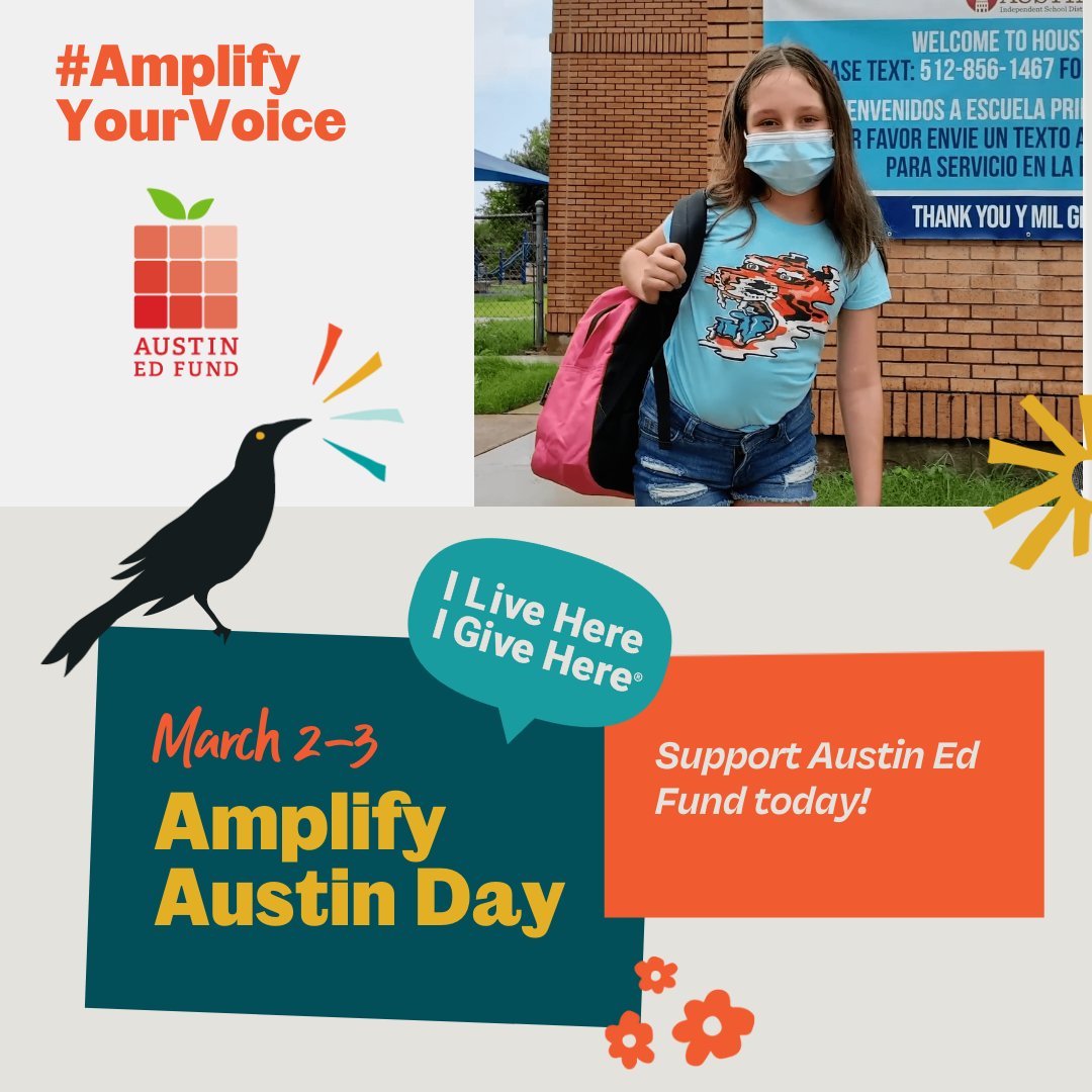 Support @AustinEdFund on Amplify Austin Day Wednesday, March 2 at 6PM through Thursday, March 3 at 6PM Your contribution will ensure that all Austin ISD students have access to innovative projects & enriching opportunities! amplifyatx.org/organizations/… #AmplifyAISD #InvestinAISD