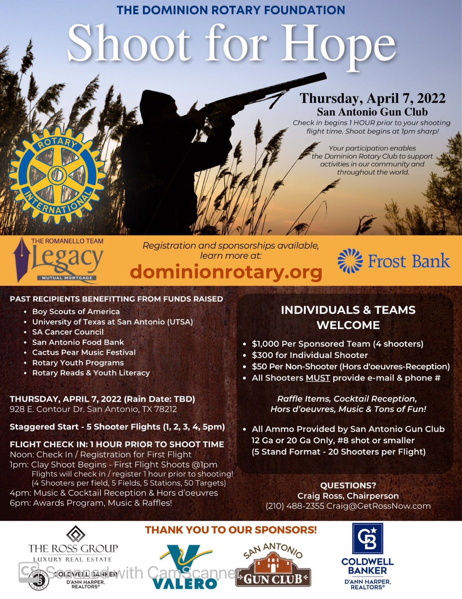 TheRossGrp's tweet photo. 2022 Shoot for Hope brought to you by the Dominion Rotary Foundation.
April7, 2022 at San Antonio Gun Club https://t.co/Q7wceMdArH