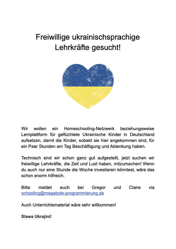 MarcoBr's tweet photo. Freiwillige ukrainischsprachige Lehrkräfte gesucht für Homeschooling-Projekt. Email: schooling@megabyte-programmierung.de
please RT! https://t.co/Ybb1cqba2k