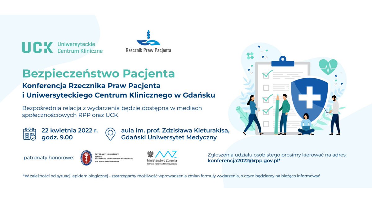 Rzecznik Praw Pacjenta (@rzeczpacjenta) on Twitter photo Ze względu na sytuację związaną z działaniami wojennymi na Ukrainie zmuszeni jesteśmy zmienić termin konferencji planowanej na 11 marca.
➡️Nowa data wydarzenia to 22 kwietnia 2022 r.
<a href="/UCKGdansk/">Uniwersyteckie Centrum Kliniczne w Gdańsku</a> <a href="/BartChmielowiec/">Bartłomiej Chmielowiec</a> <a href="/MZ_GOV_PL/">Ministerstwo Zdrowia</a> <a href="/NFZ_GOV_PL/">Narodowy Fundusz Zdrowia</a> Ze względu na sytuację związaną z działaniami wojennymi na Ukrainie zmuszeni jesteśmy zmienić termin konferencji planowanej na 11 marca.
➡️Nowa data wydarzenia to 22 kwietnia 2022 r.
<a href="/UCKGdansk/">Uniwersyteckie Centrum Kliniczne w Gdańsku</a> <a href="/BartChmielowiec/">Bartłomiej Chmielowiec</a> <a href="/MZ_GOV_PL/">Ministerstwo Zdrowia</a> <a href="/NFZ_GOV_PL/">Narodowy Fundusz Zdrowia</a>