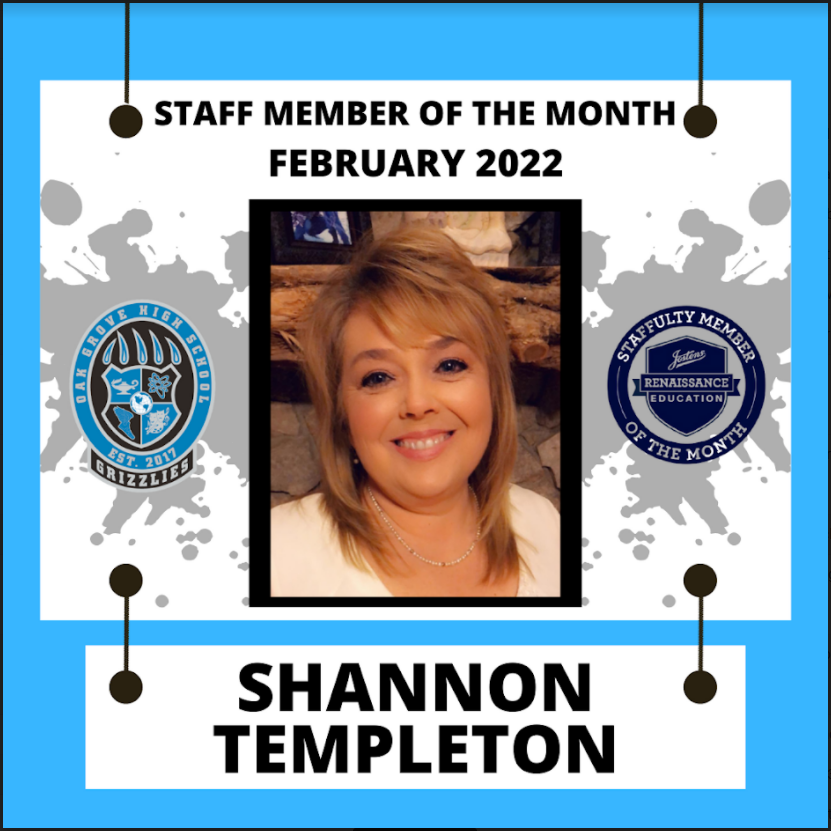 OakGroveHS's tweet photo. Congrats to @leelyn0205, Feb. Staff Member of the Month at OGHS! Mrs. Templeton was nominated for the respect she shows for her students and the respect they, in turn, show her. Proud of this Grizzly &amp; thankful she is a part of the #OGHSFamily! @oakgroveden @J_Renaissance #BeOG https://t.co/vEw4QNIwZ2