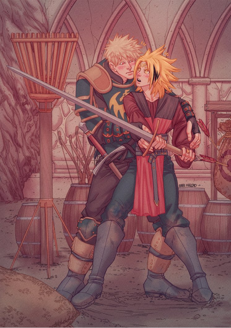 Posting a piece I did a year ago for the @/bkkmzine, a collaboration with @/24k_writes, of knight Bakugou training prince Denki 😄🧡💛 #bakukami #bkkm