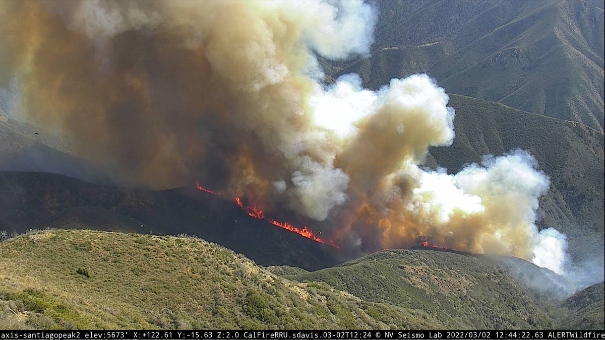 CAFireScanner's tweet photo. The #JimFire in Cleveland NF/Orange Co in the area between Holy Jim Falls + the end of Holy Jim Canyon Rd. Mapped @ 60+ acres already by FIRIS, being worked by several tankers + copters. Just outside (1/4 mile) the #HolyFire scar from 2018 if pinned location is correct. https://t.co/M4HykI14RA