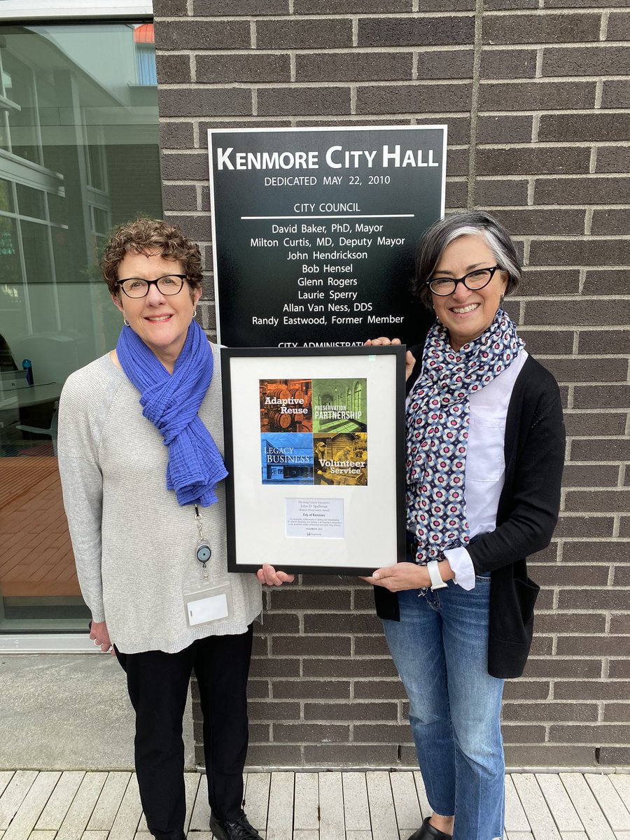 King County #historicpreservationofficer Jennifer Meisner presenting the #spellmanaward for #preservationpartnership to Nancy Ousley, #assistantcitymanager #kenmorewa for the city’s efforts to save and adaptively reuse #lodgeatstedward formerly #stedward #seminary