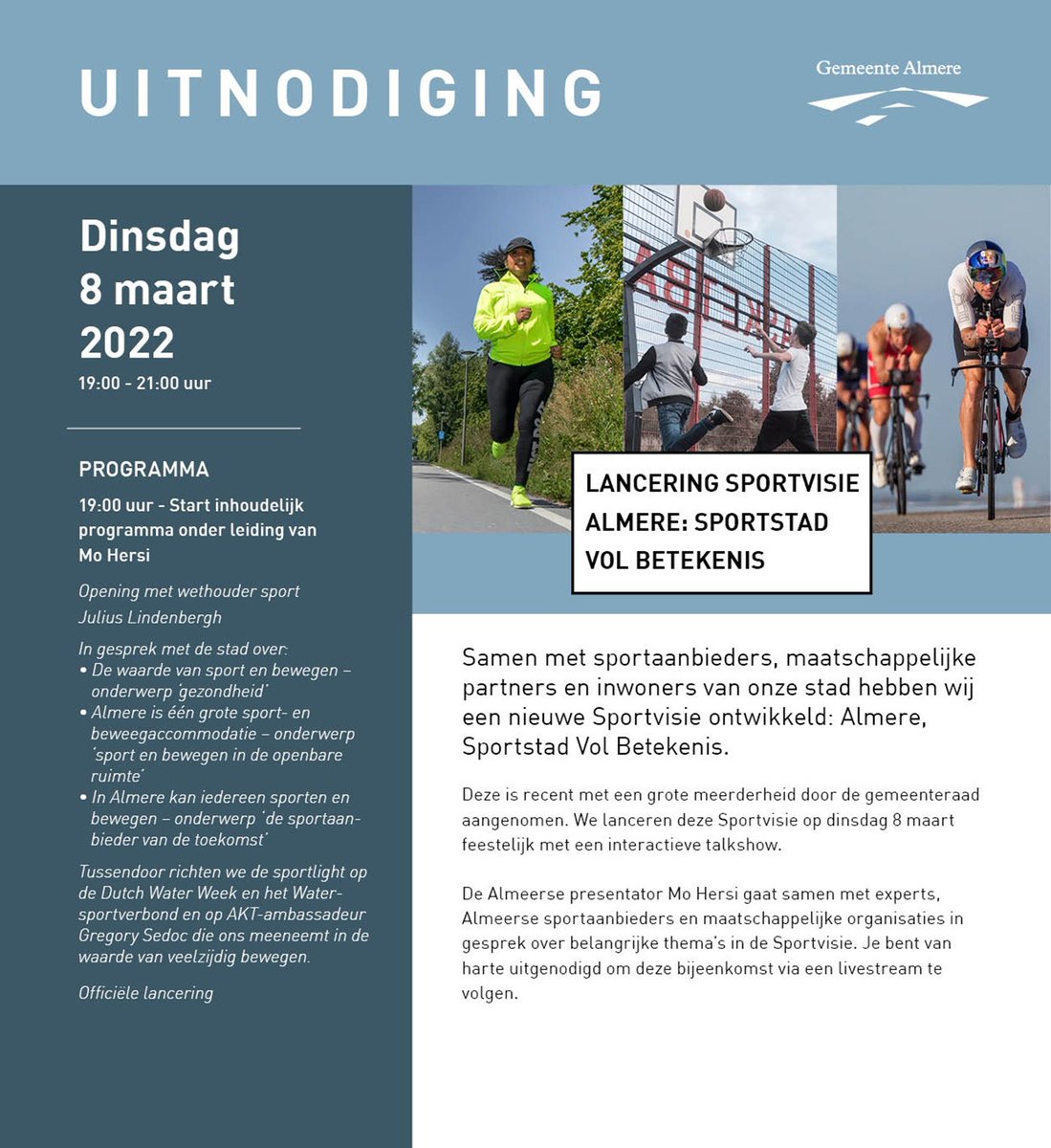 Sport Almere (@sportalmere) on Twitter photo Aanstaande dinsdag is de feestelijke lancering van de Sportvisie Almere, Sportstad vol betekenis. Een selecte groep van onze sportpartners kunnen we live ontvangen bij <a href="/AlmereCityFC/">Almere City FC</a>. Maar het is voor iedereen mogelijk deze avond digitaal te volgen via ➡️ sportbedrijf.almere.nl/sportbedrijf-a…. Aanstaande dinsdag is de feestelijke lancering van de Sportvisie Almere, Sportstad vol betekenis. Een selecte groep van onze sportpartners kunnen we live ontvangen bij <a href="/AlmereCityFC/">Almere City FC</a>. Maar het is voor iedereen mogelijk deze avond digitaal te volgen via ➡️ sportbedrijf.almere.nl/sportbedrijf-a….