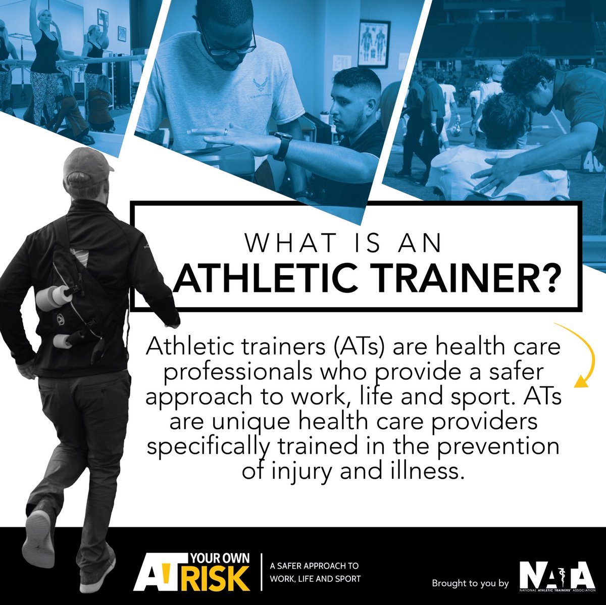 Athletic trainers provide health care EVERYWHERE. The AT’s unique skill set and expertise make them a vital component of the health care team. From schools to factories to your local hospital, you can find ATs helping people everywhere thrive in work, life and sport. #natm2022