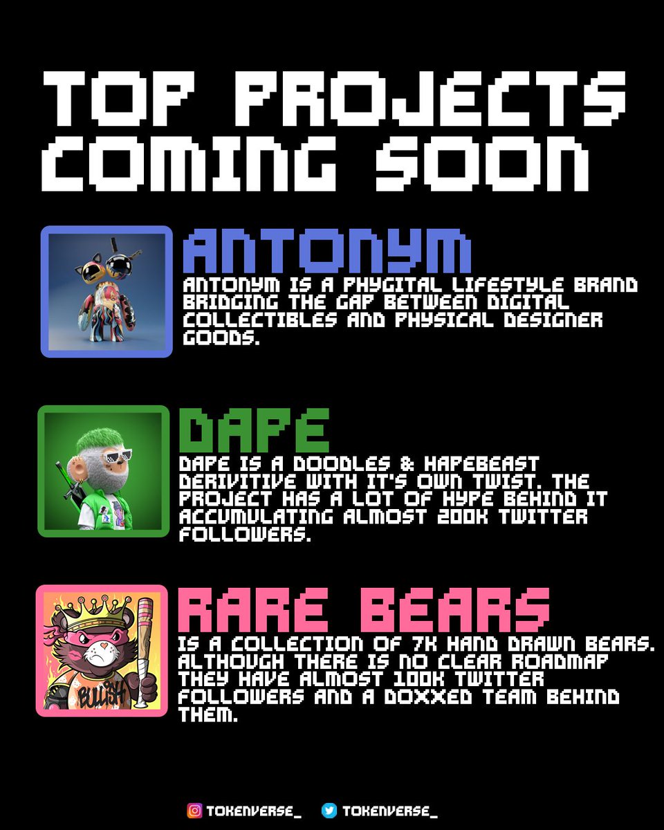tokenverse_'s tweet photo. @AntonymNFT @dapenft @BearsRare among some of the top projects releasing this month. which ones did i miss? #nft #cryptocurrency https://t.co/zjfvFF7mnr