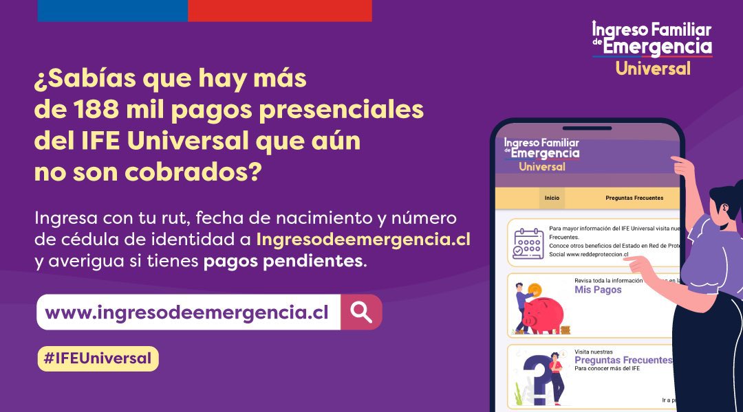¡Más de 188 mil pagos presenciales del #IFEUniversal no han sido cobrados! 😮 ¿Revisaste si tienes pagos pendientes? 🧐 Entra a 📲 ingresodeemergencia.cl e ingresa con tu rut, fecha de nacimiento y número de cédula de identidad ✅