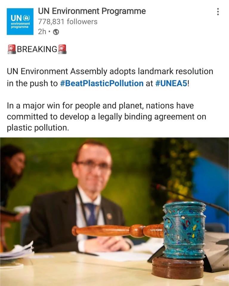 Breaking news ! - #UNEA5 adopted the mandate for a new legally binding. A breakthrough described as historic in the fight against plastic pollution.
With equal attention to innovative approaches to waste management, advocacy and education we now stand a chance!