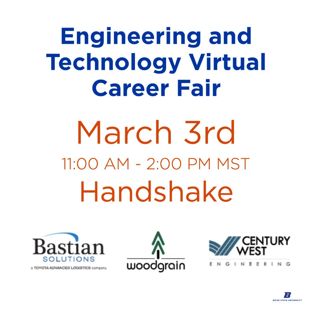 Virtual Career Fair week continues tomorrow with Engineering and Technology! Register for sessions on Handshake now! #hireboisestate #broncohired