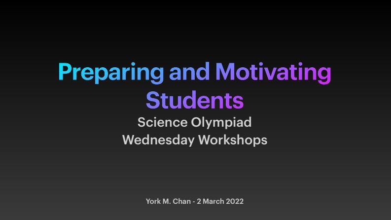 Honored to present at <a href="/SOAlumniNetwork/">Science Olympiad</a>
Wednesday Workshop today at 5PM CST. Will be talking about preparing and motivating students in Science Olympiad. Still time to sign up here.
soinc.org/join/workshops