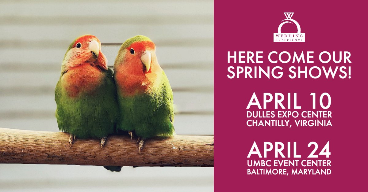 wedexpshow's tweet photo. Hey lovebirds! ❤️ Join us for the region's best wedding-planning shows. We'll be at Dulles Expo Center on April 10, and the Chesapeake Employers Insurance Arena / UMBC Event Center on April 24. Meet local wedding pros and be inspired. Get your tickets at https://t.co/tlkuFH50mC. https://t.co/XgDdoZQ3gk