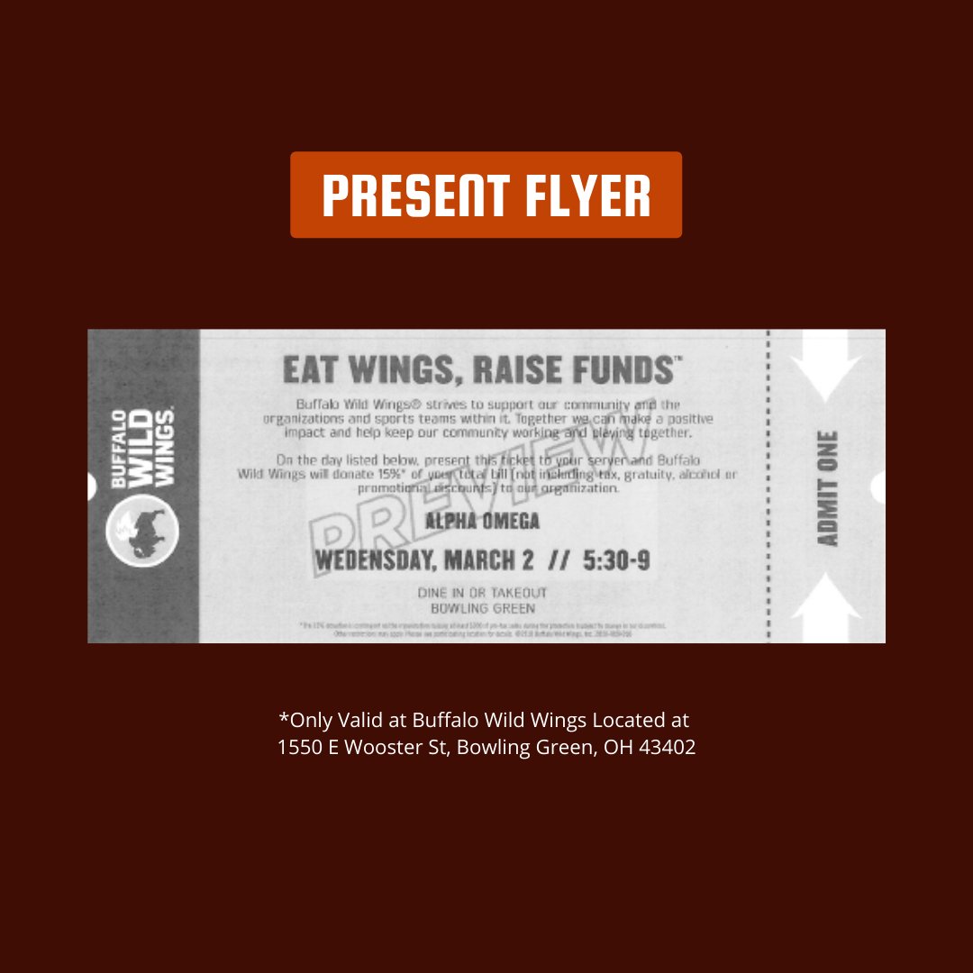 Come join us for a Buffalo Wild Wings fundraiser! Happening tonight from 5:30-9:00 pm!

*Only valid at Buffalo Wild Wings located at 1550 E Wooster St, Bowling Green, OH 43402
