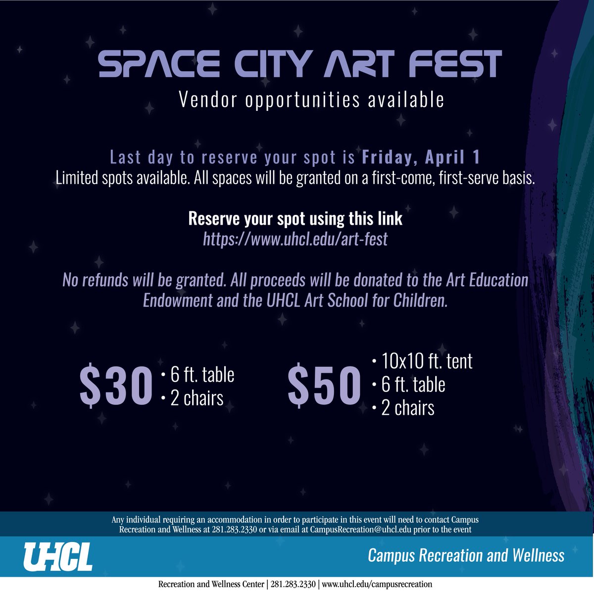 UhclCampusRec's tweet photo. Calling all Artist vendors interested in showcasing or selling their art. We have affordable set up options for the first annual Space City Art Fest. 🎨

• $30: 6 ft. table and 2 chairs
• $50: 10x10 Tent, 6 ft. table and 2 chairs

Sign up today at https://t.co/hMMZ8mScPs https://t.co/XnUwuz8Yv1