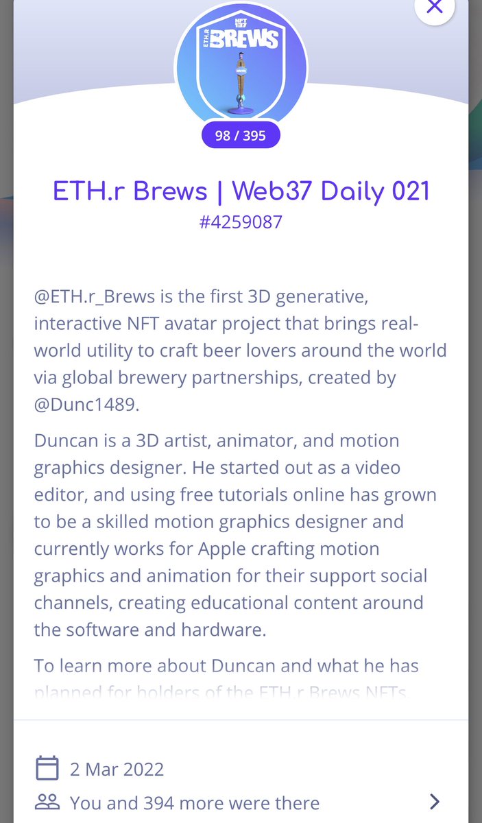 Just learned several new things from Spaces about @ETH_r_Brews with <a href="/DuncanRogoff/">Duncan🍩.eth</a> on <a href="/137pm/">137pm</a>
This is my first POAP and it might be my next research topic.
Great info from this Spaces. Thank you!