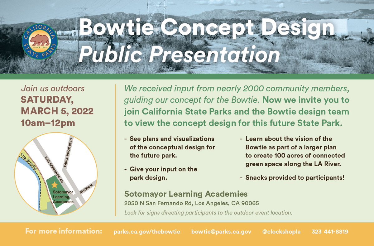 CAStateParks's tweet photo. Join #CAStateParks this Sat, 3/5 from 10 a.m. – noon to see the design plans & provide input for the #BowtieProject that will help create 100 acres of connected green space along the LA River. 🍃
Learn more at https://t.co/I8Q3XMOm3y.
#OutdoorsForAll #RioDeLosAngelesStatePark https://t.co/02xK11FXTs
