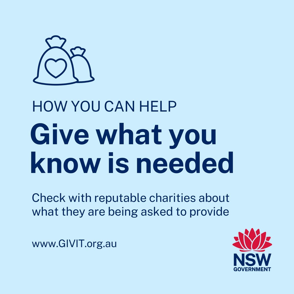 Please carefully consider your donations of second-hand clothing and goods for flood-affected communities and seek out local information or information from a reputable charity about what’s needed.
 
<a href="/GIVIT_AUS/">GIVIT</a> 
 
GIVIT.org.au/storms-and-flo…