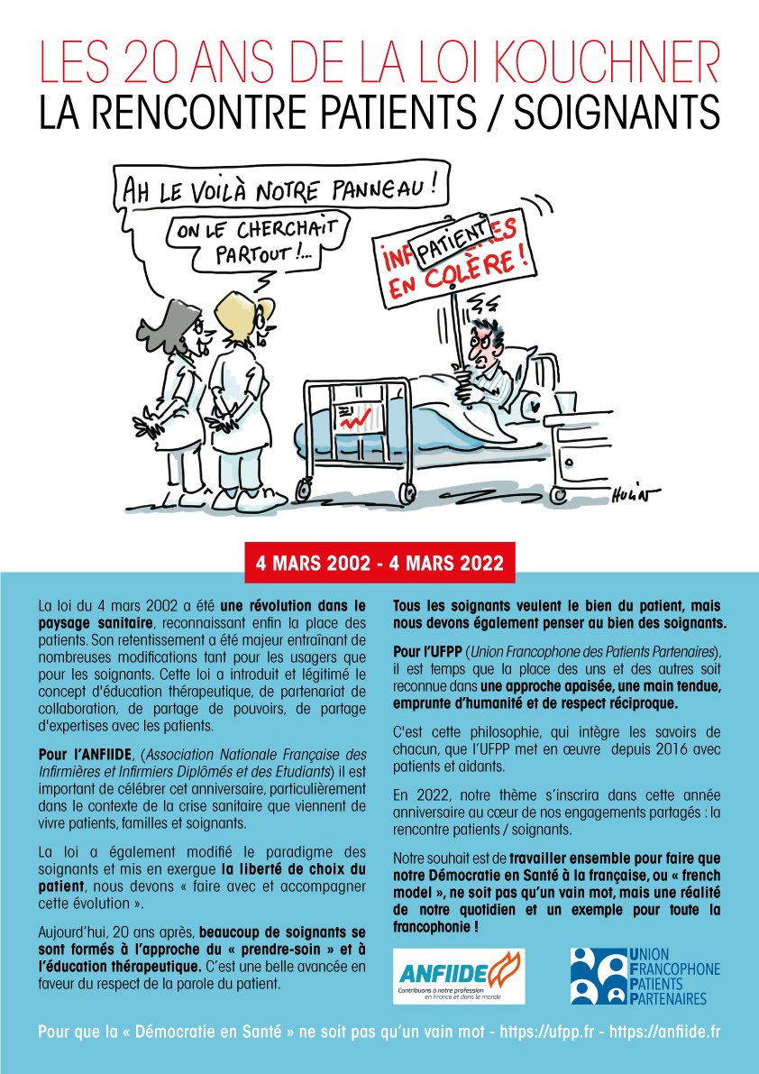 Anfiide's tweet image. L'ANFIIDE, associée à notre partenaire l'UFPP ( Union Francophone des Patients Partenaires) ont souhaité fêter les 20 ans de la loi du 4 mars 2002 d'une façon différente. @LecointreBrigi2 @SarahEE75 @gauthierpro @UFPP1 @ASI_Sc_Inf @CNP_Infirmier @cif @OrdreInfirmiers